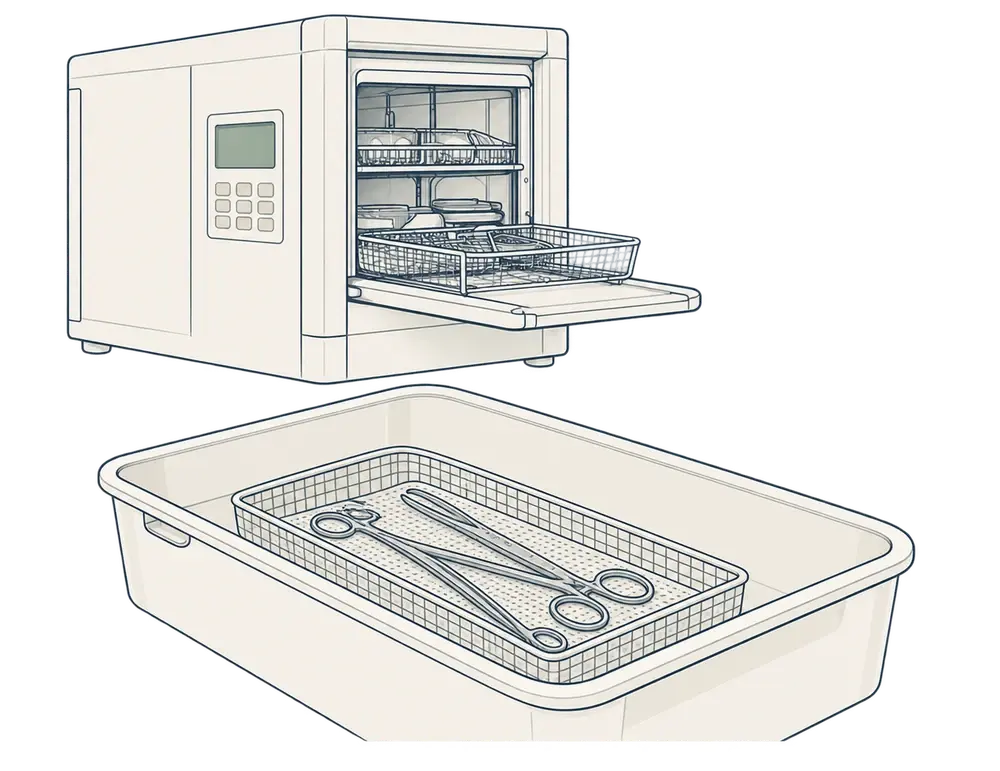 洗浄装置と医療器具のバスケットのイラスト