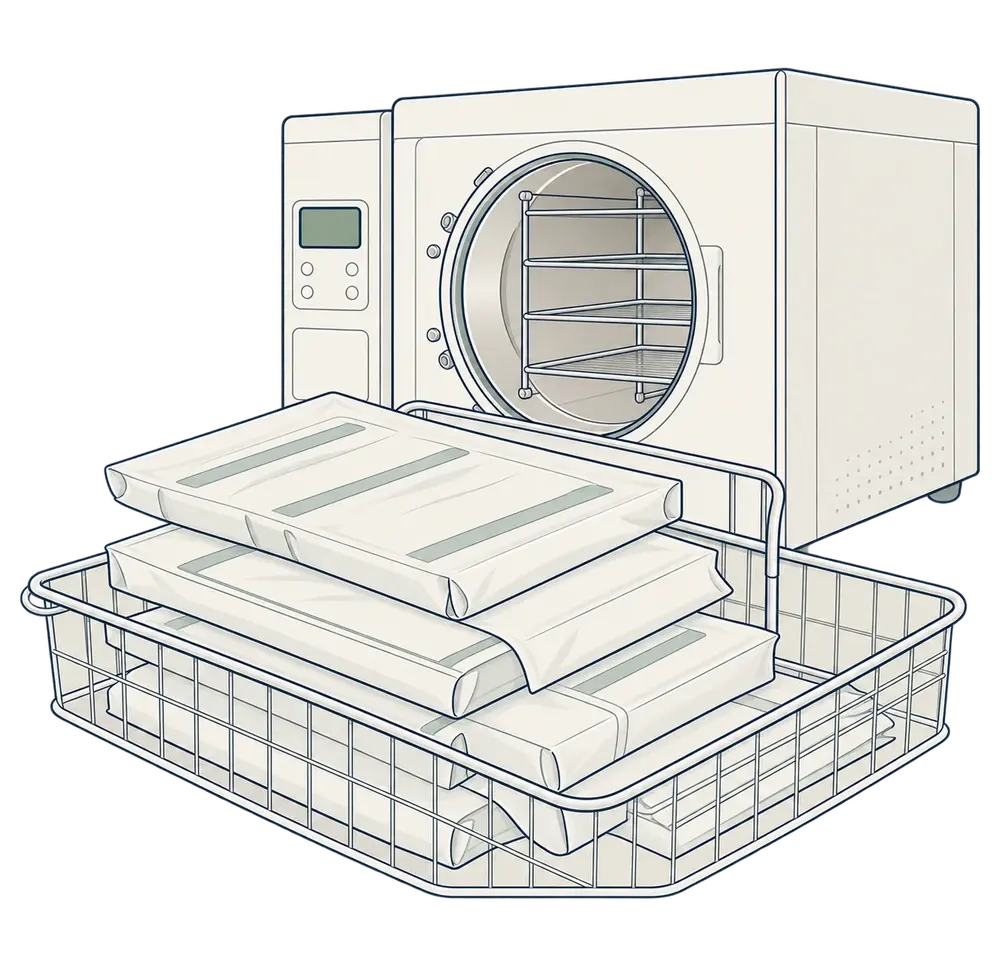 滅菌装置と包装された医療器具のイラスト