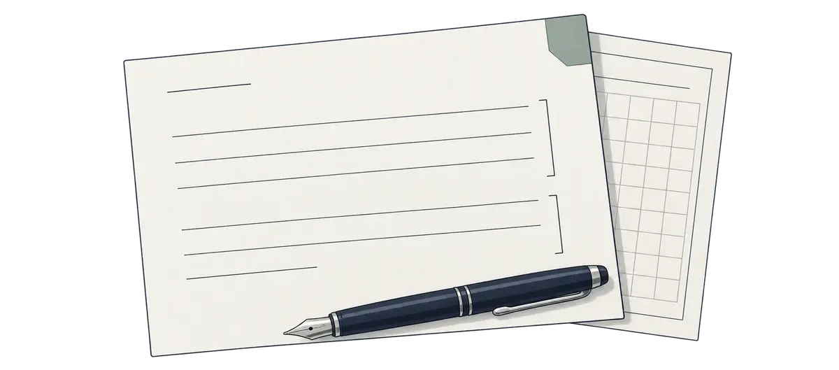 評価文書と参照資料、レビュー用のペンを描いたイラスト